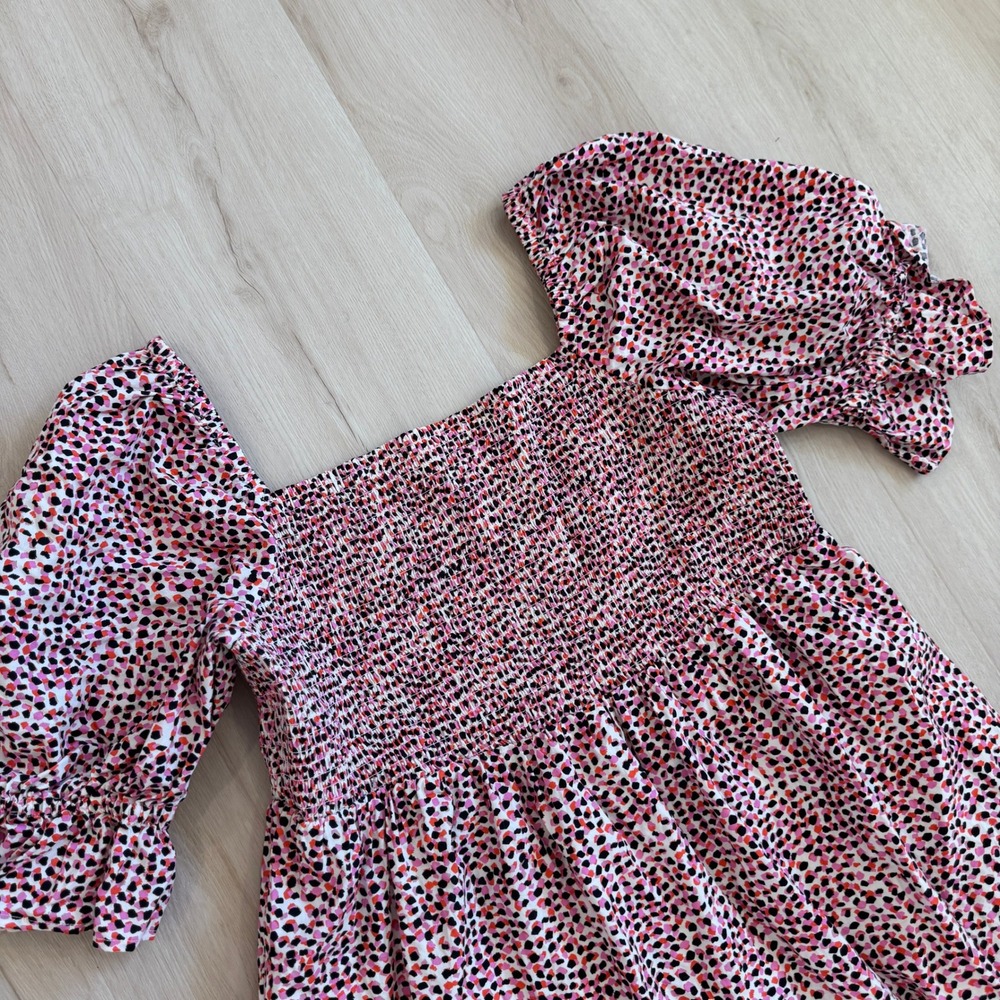 ELOQUII Elements Smocked Bodice Puff Sleeve Dress Pink Black Print 18 Chic - Picture 9 of 15